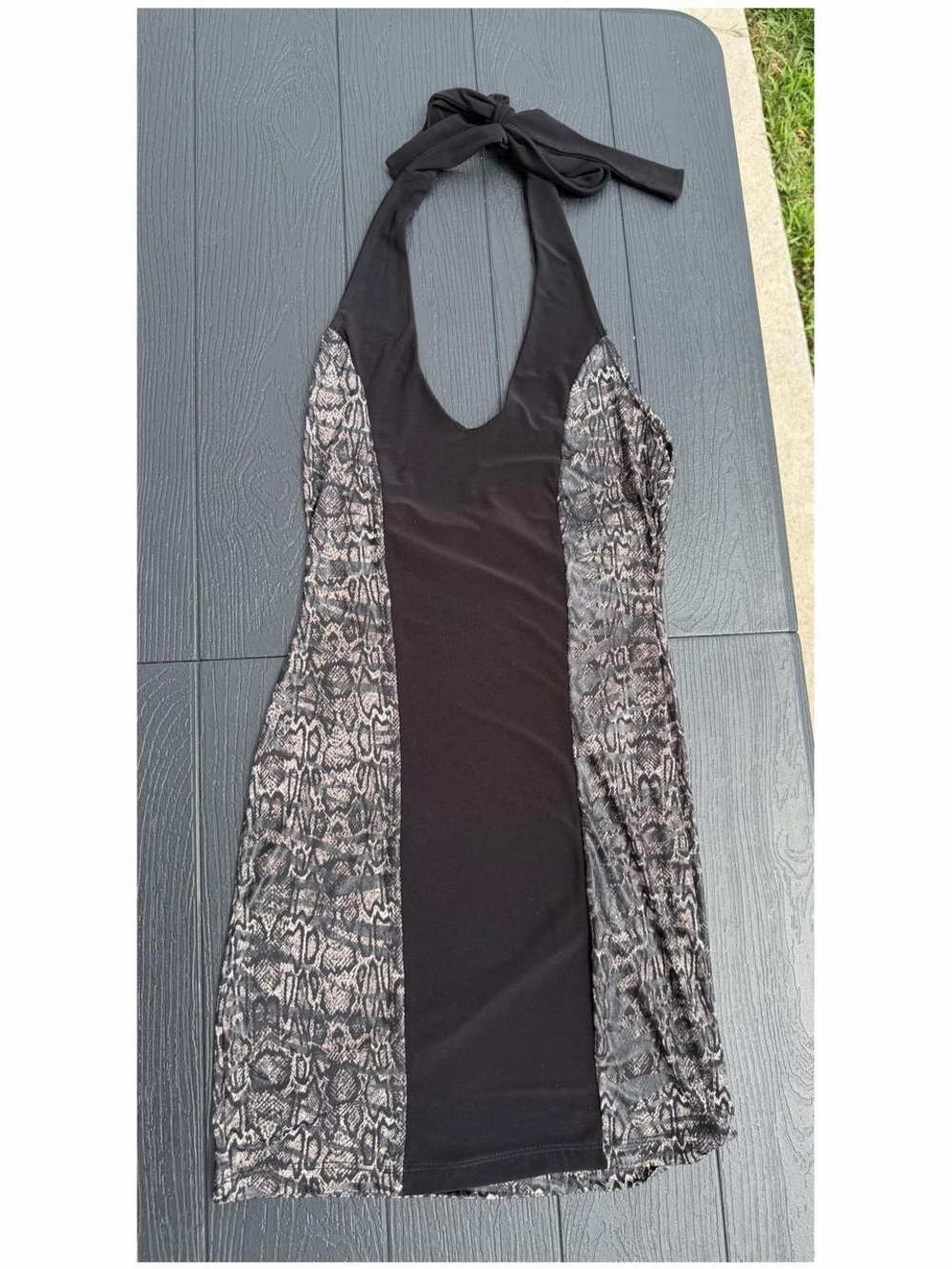 Vintage Y2K Black Halter Dress with Snake Print Side Panels